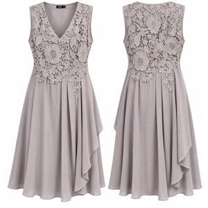 Hekka Lace Bodice Dress Women XL Grey Sleeveless V-Neck Asymmetrical Flowy New